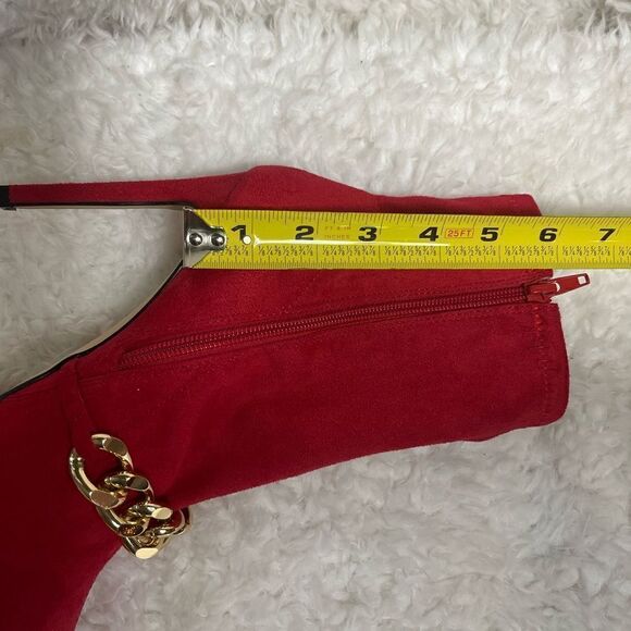 Nine West Red textile suede ankle Boots metallic gold tone chain accent SZ7.5 - Picture 11 of 12
